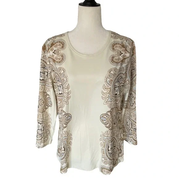 J. McLaughlin Catalina Cloth Block Paisley/Medallion 3/4 Sleeve Top XL - Picture 2 of 10